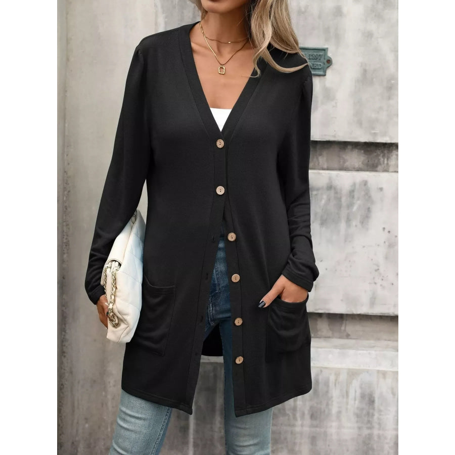 V-Neck Button-Up Long Sleeve Cardigan with Pockets Apparel and Accessories