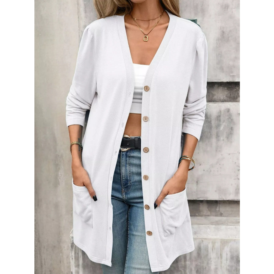 V-Neck Button-Up Long Sleeve Cardigan with Pockets Apparel and Accessories