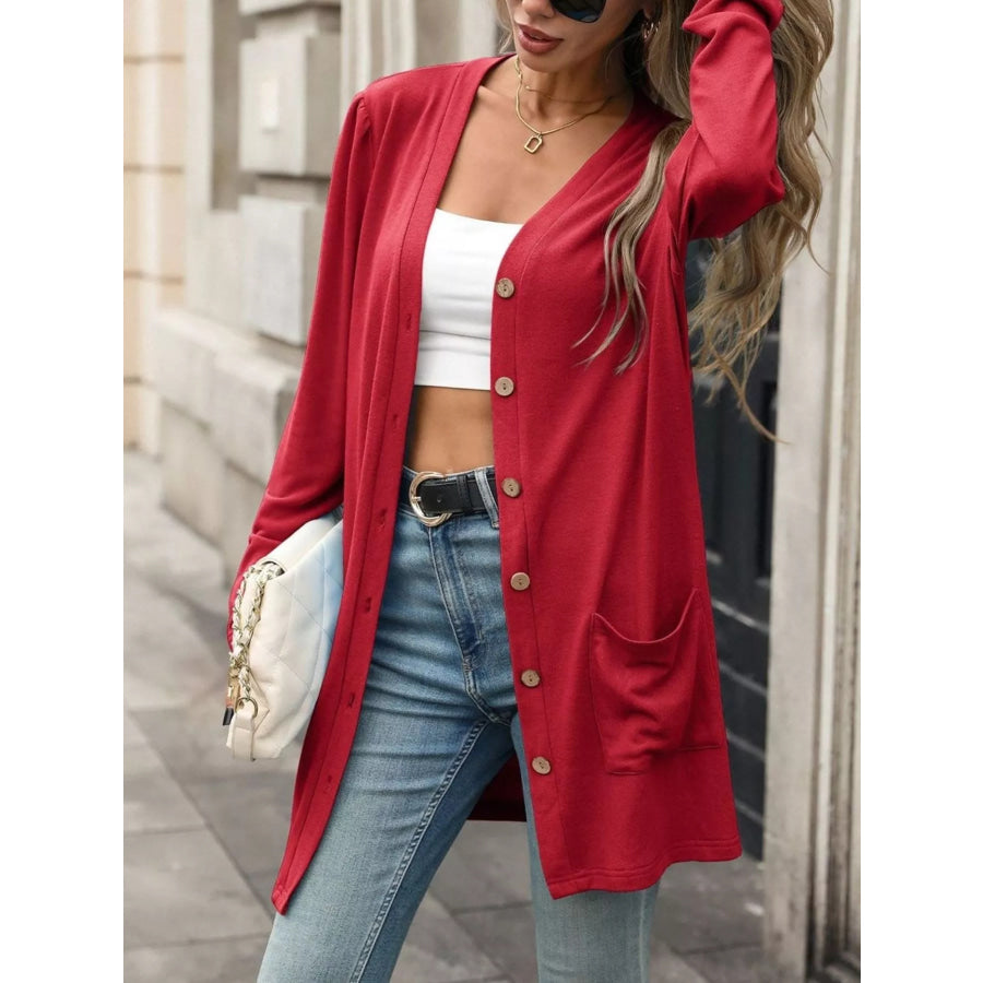 V-Neck Button-Up Long Sleeve Cardigan with Pockets Apparel and Accessories