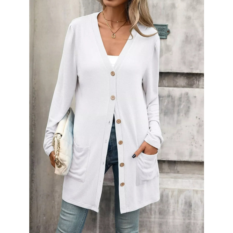 V-Neck Button-Up Long Sleeve Cardigan with Pockets Apparel and Accessories