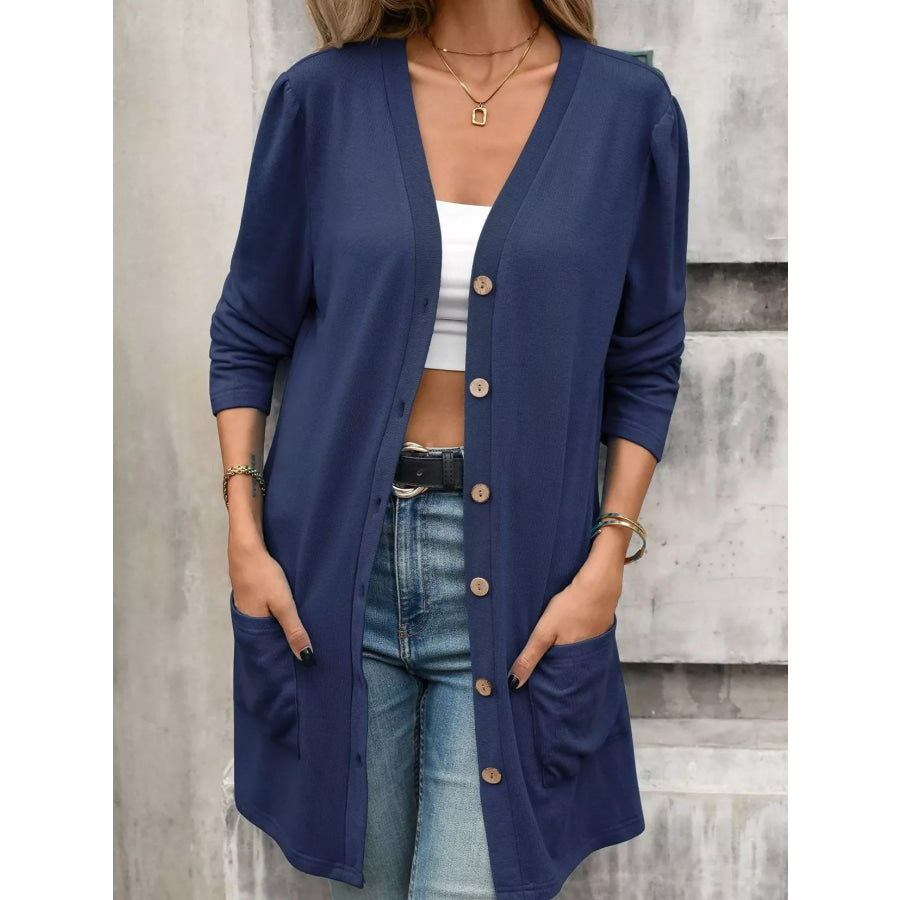 V-Neck Button-Up Long Sleeve Cardigan with Pockets Apparel and Accessories