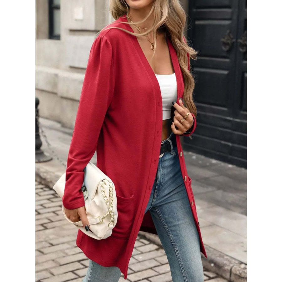 V-Neck Button-Up Long Sleeve Cardigan with Pockets Apparel and Accessories