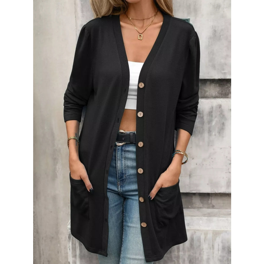 V-Neck Button-Up Long Sleeve Cardigan with Pockets Black / S Apparel and Accessories