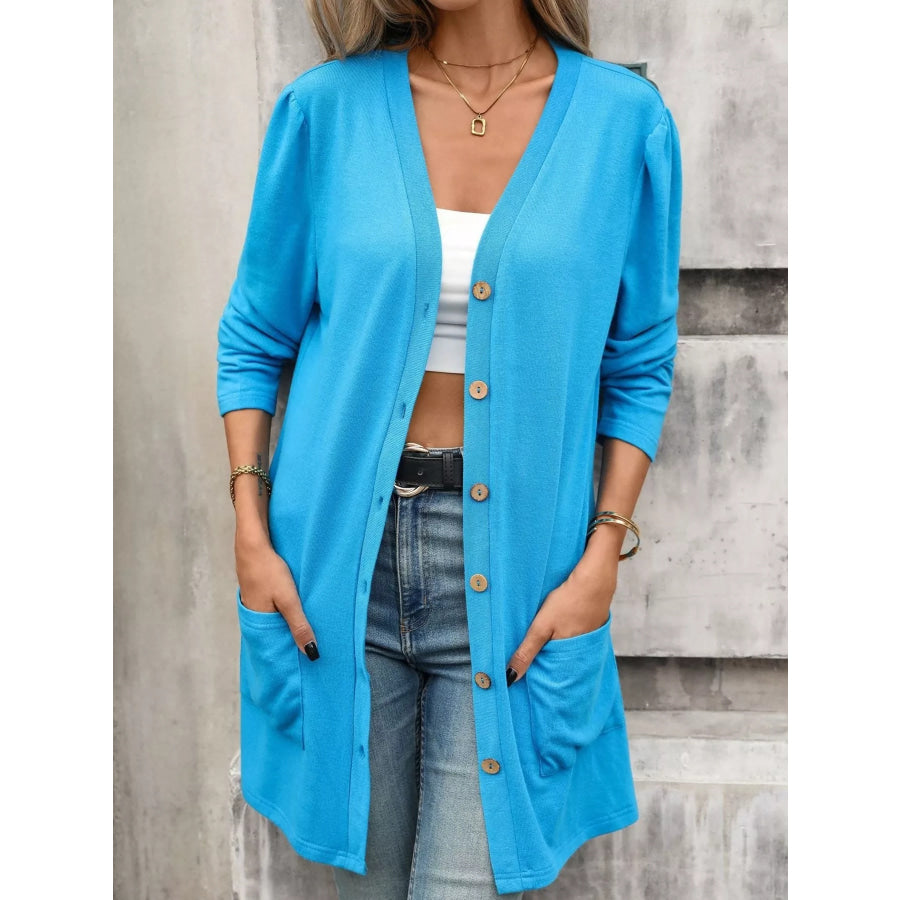 V-Neck Button-Up Long Sleeve Cardigan with Pockets Blue / S Apparel and Accessories
