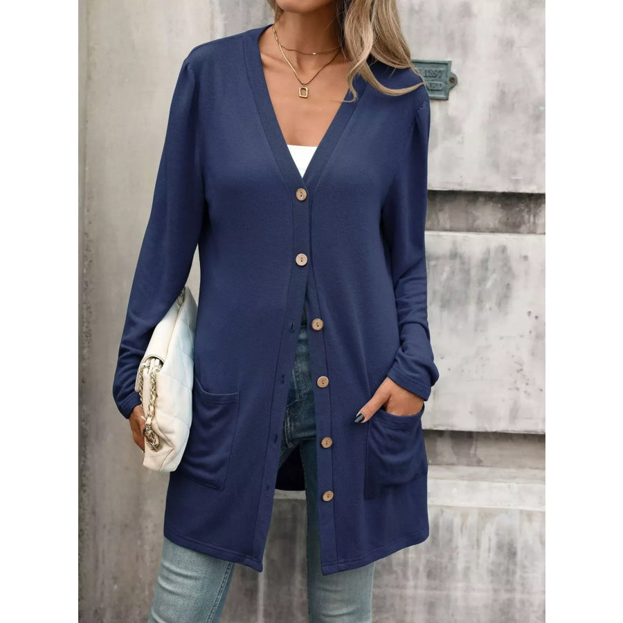 V-Neck Button-Up Long Sleeve Cardigan with Pockets Navy / S Apparel and Accessories