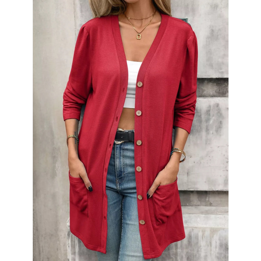 V-Neck Button-Up Long Sleeve Cardigan with Pockets Red / S Apparel and Accessories