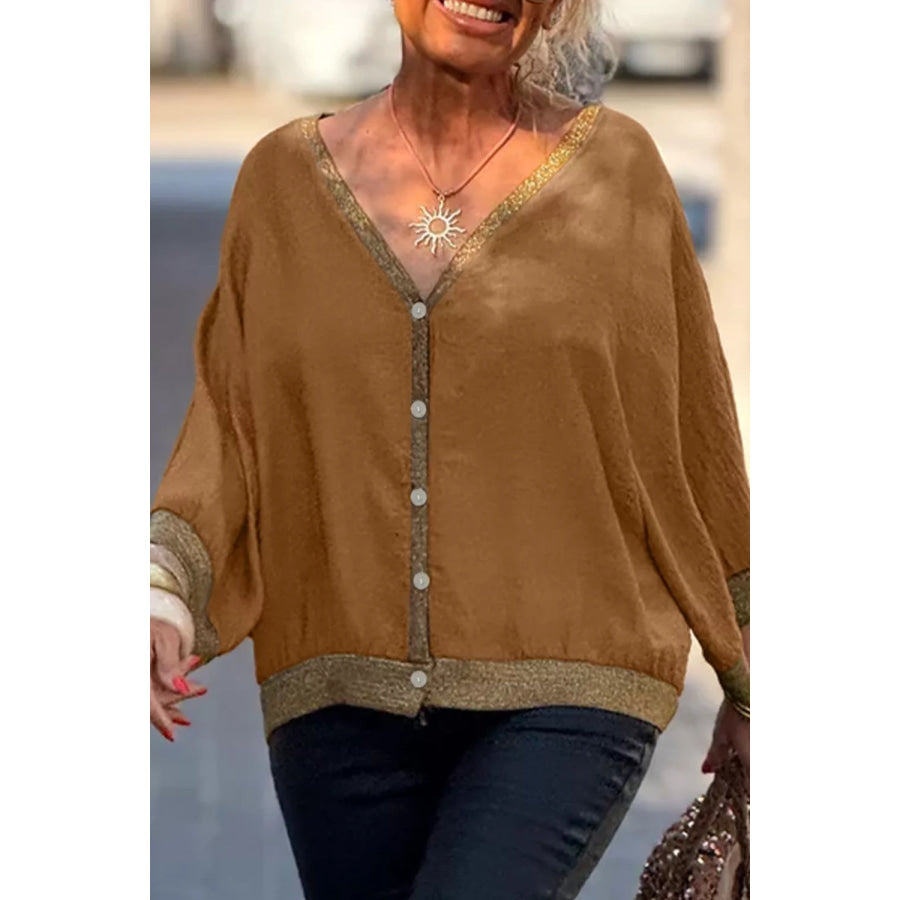 V-Neck Button Up Shirt Caramel / S Apparel and Accessories