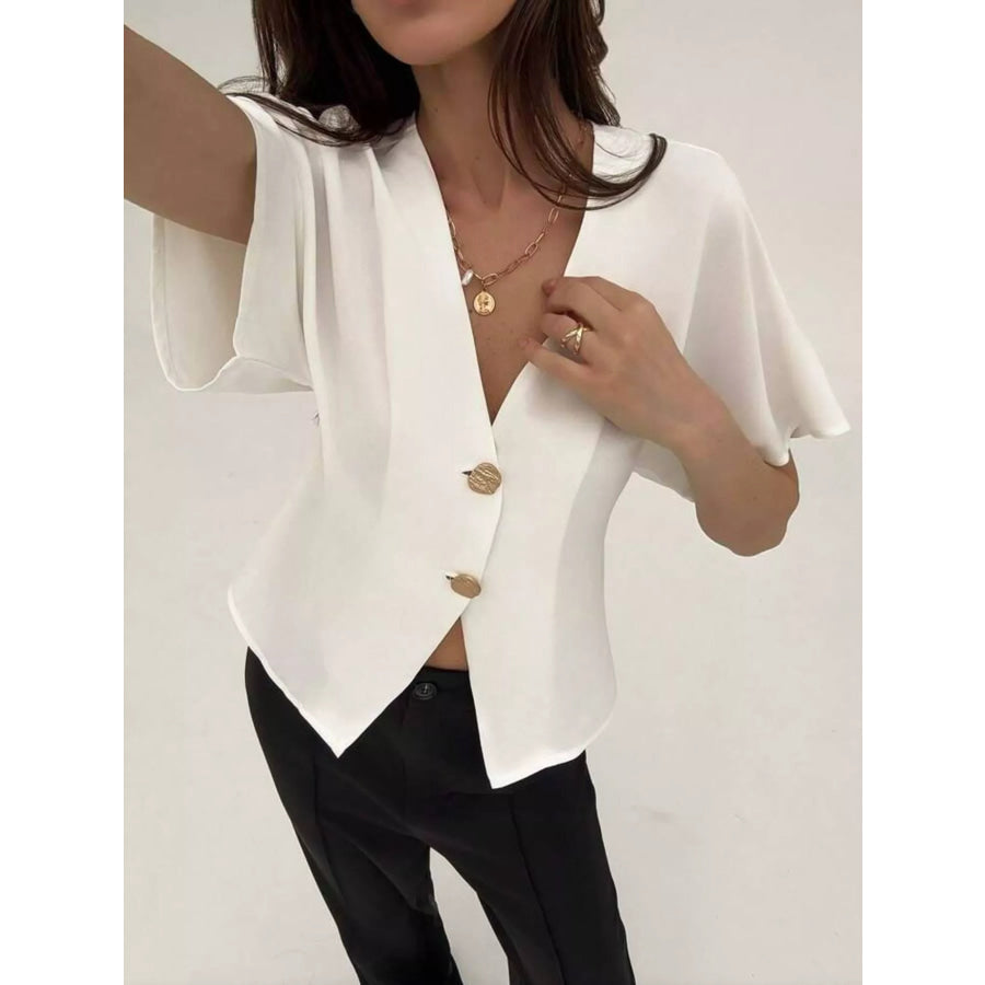 V-Neck Button-Up Short Sleeve Shirt Apparel and Accessories