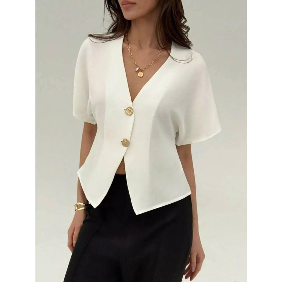 V-Neck Button-Up Short Sleeve Shirt Apparel and Accessories