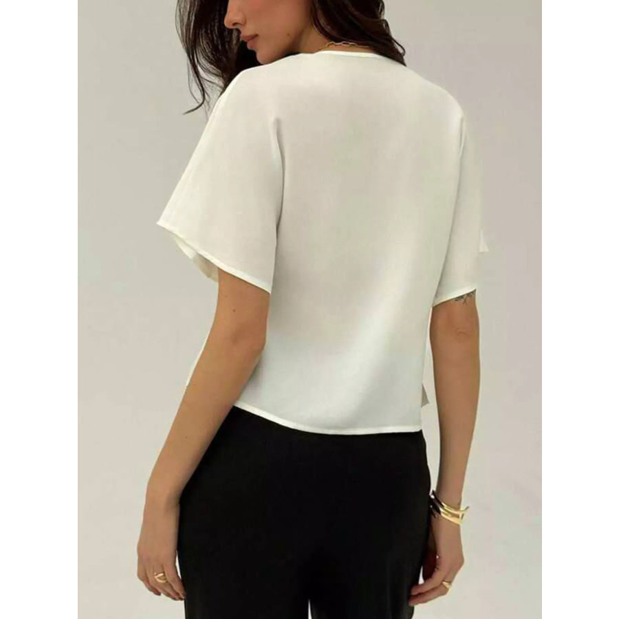 V-Neck Button-Up Short Sleeve Shirt Apparel and Accessories