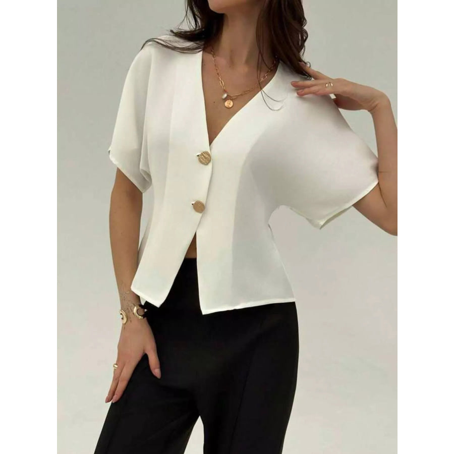 V-Neck Button-Up Short Sleeve Shirt White / S Apparel and Accessories
