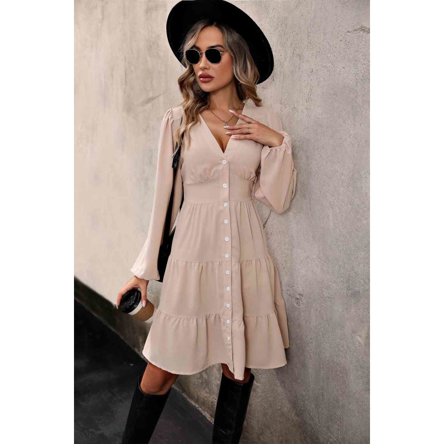 V Neck Button Up Tiered Dress Sand / S