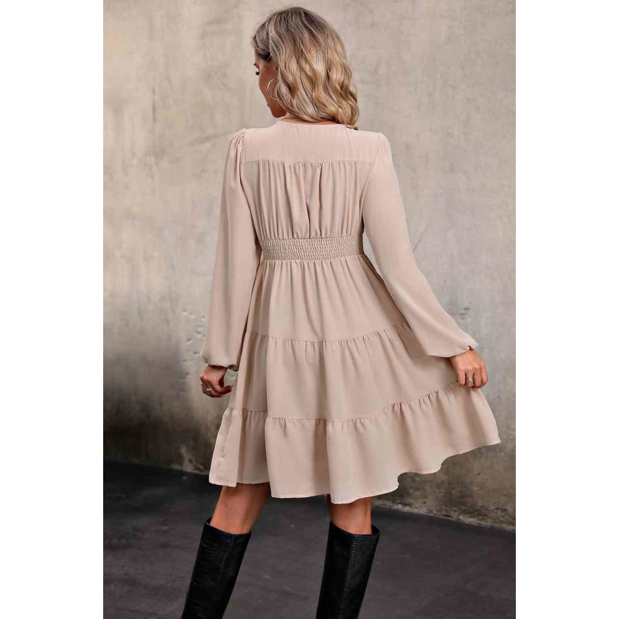 V Neck Button Up Tiered Dress