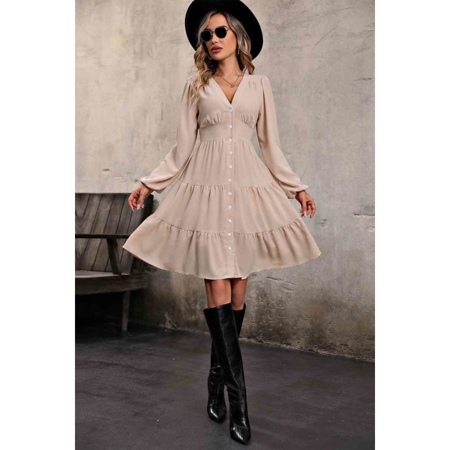 V Neck Button Up Tiered Dress