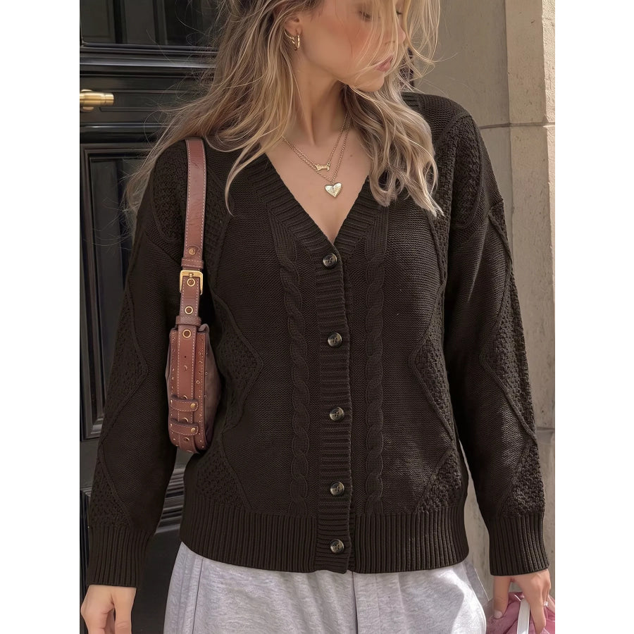 V-Neck Cable Knit Button-Down Cardigan Apparel and Accessories