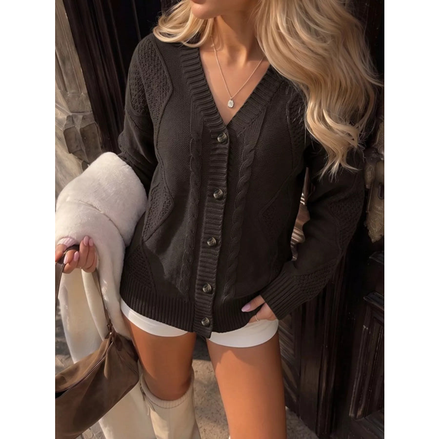 V-Neck Cable Knit Button-Down Cardigan Apparel and Accessories
