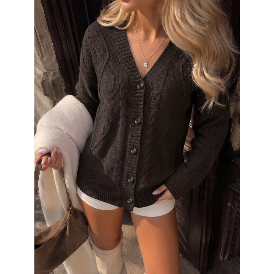 V-Neck Cable Knit Button-Down Cardigan Apparel and Accessories