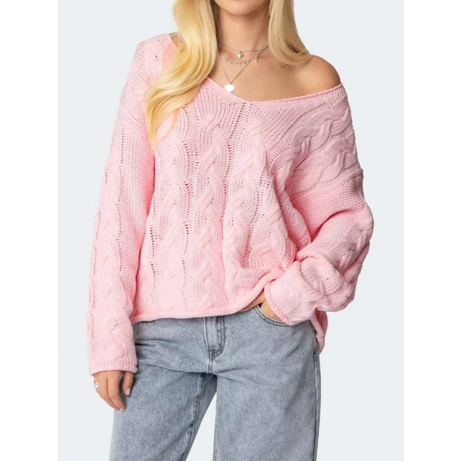 V-Neck Cable Knit Sweater Blush Pink / S Apparel and Accessories