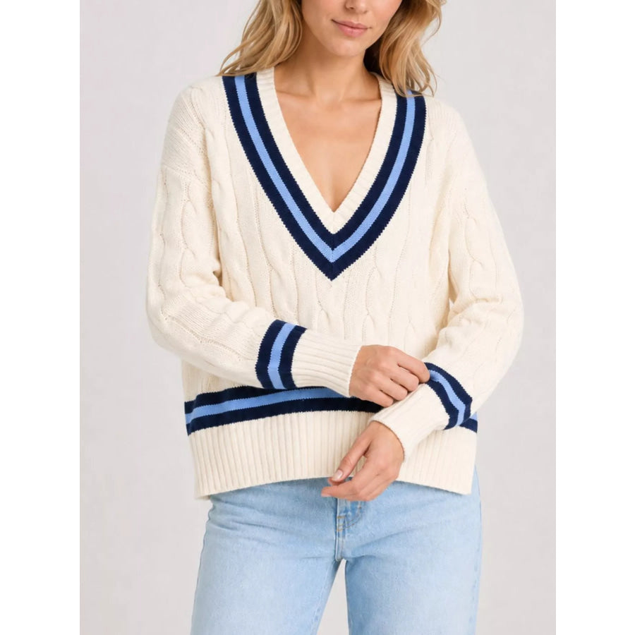 V-Neck Cable Knit Sweater with Contrast Striped Trim Apparel and Accessories