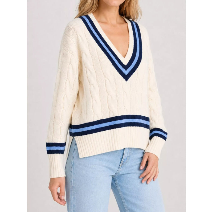 V-Neck Cable Knit Sweater with Contrast Striped Trim Apparel and Accessories