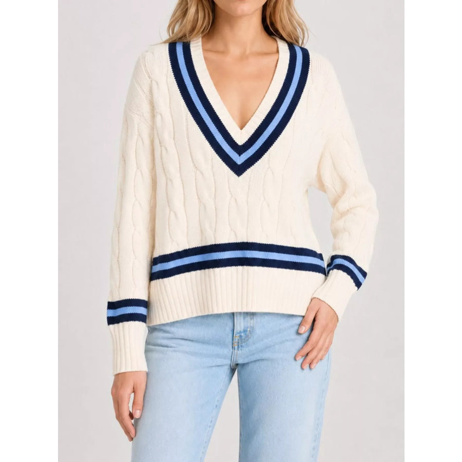 V-Neck Cable Knit Sweater with Contrast Striped Trim Apparel and Accessories