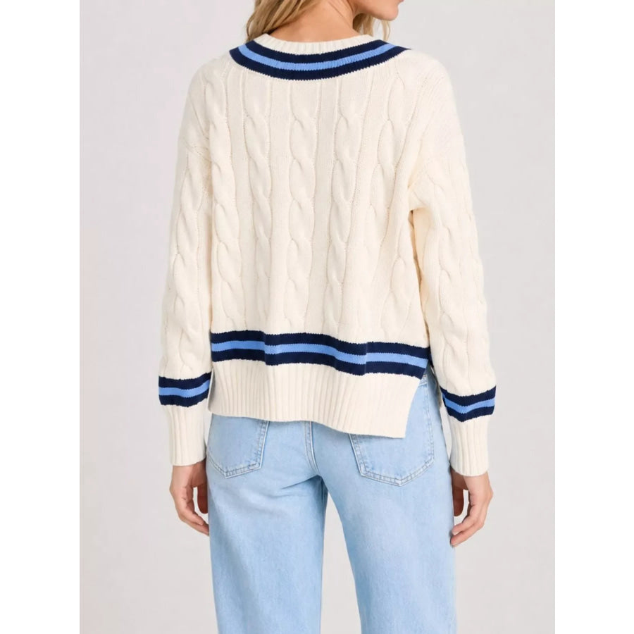 V-Neck Cable Knit Sweater with Contrast Striped Trim Apparel and Accessories