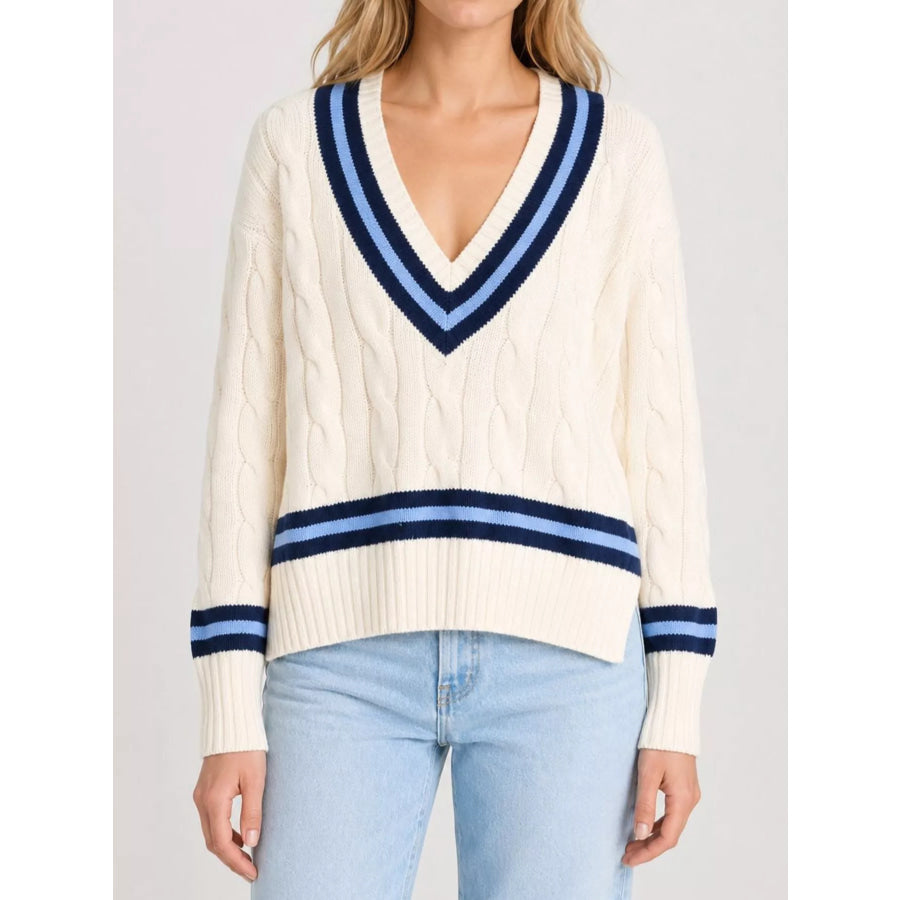 V-Neck Cable Knit Sweater with Contrast Striped Trim Cream / S Apparel and Accessories