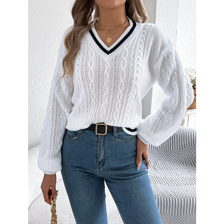 V-Neck Cable Knit Sweater with Striped Trim Apparel and Accessories