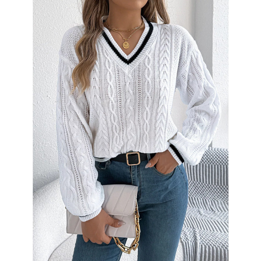 V-Neck Cable Knit Sweater with Striped Trim Apparel and Accessories