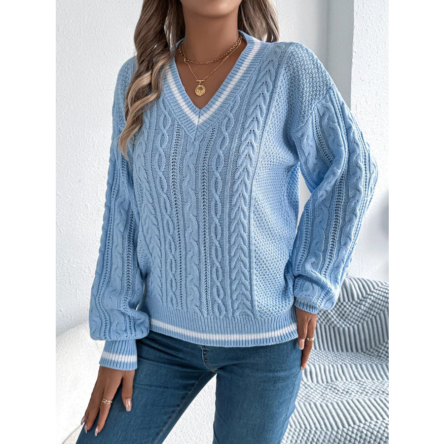 V-Neck Cable Knit Sweater with Striped Trim Apparel and Accessories