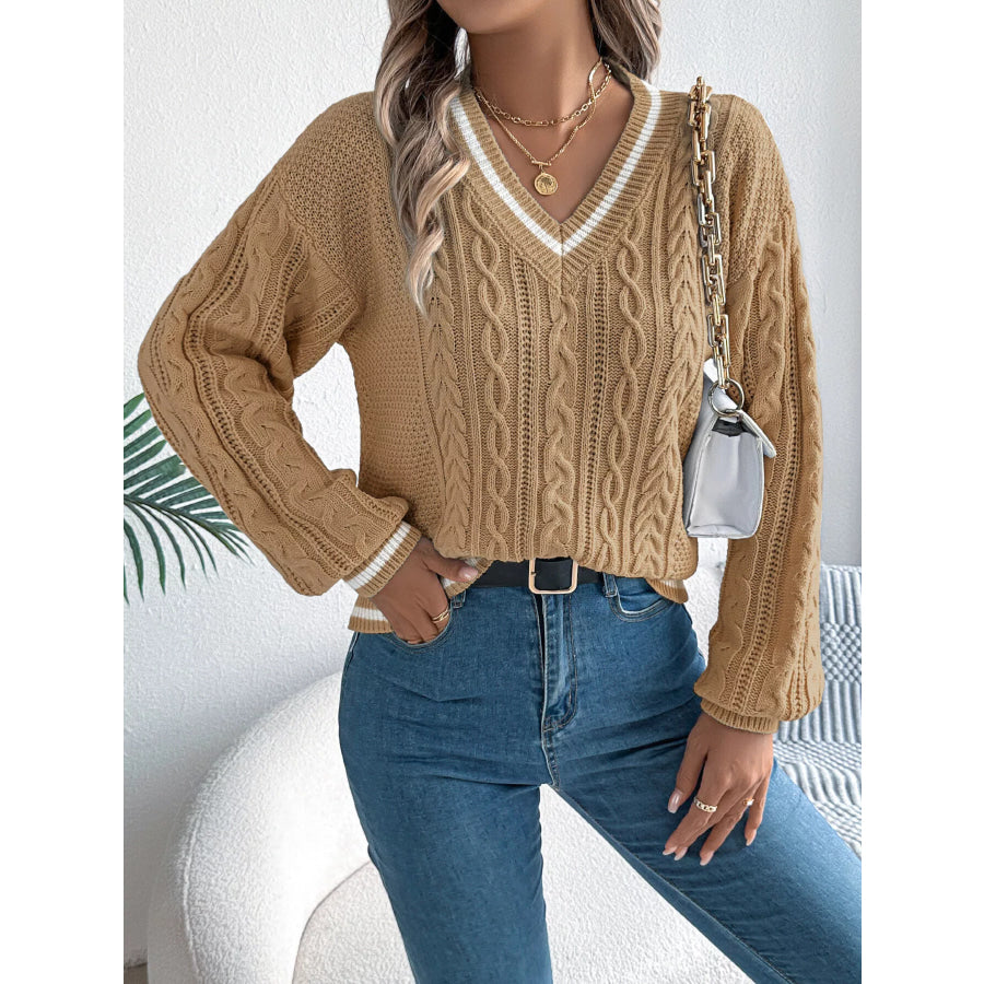 V-Neck Cable Knit Sweater with Striped Trim Apparel and Accessories