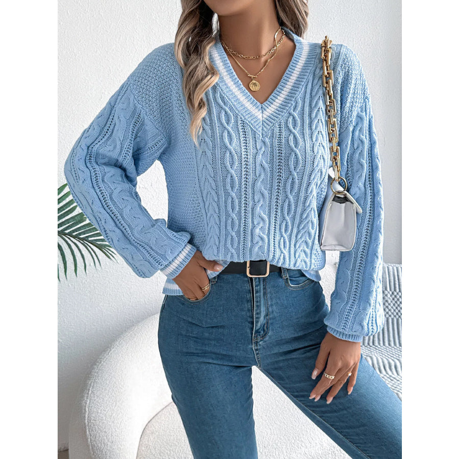 V-Neck Cable Knit Sweater with Striped Trim Apparel and Accessories
