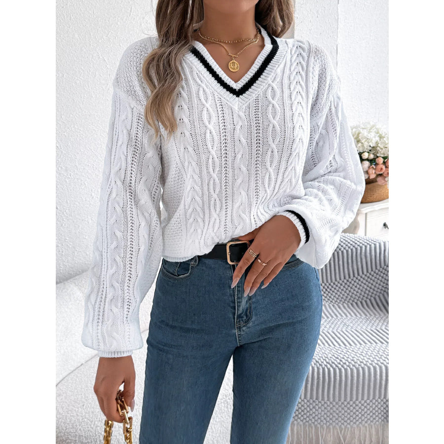 V-Neck Cable Knit Sweater with Striped Trim Apparel and Accessories