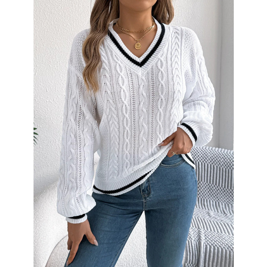 V-Neck Cable Knit Sweater with Striped Trim Apparel and Accessories