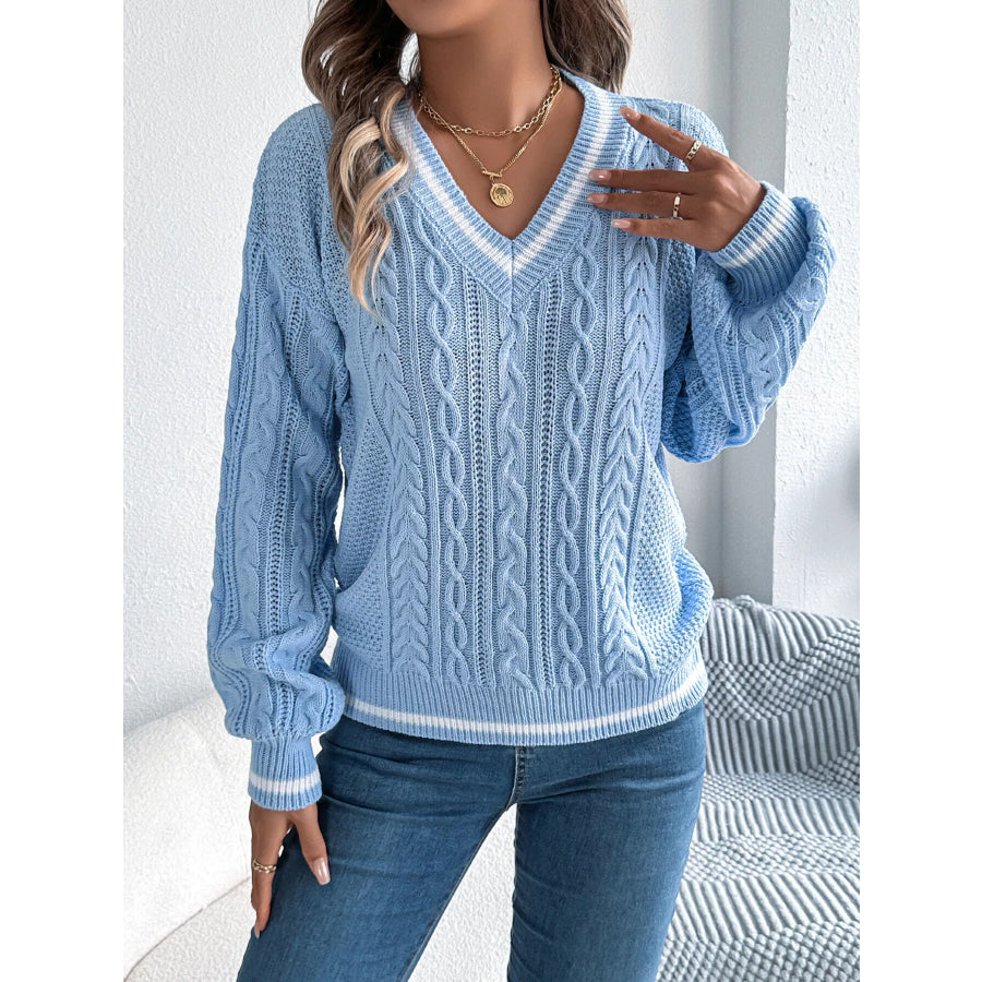 V-Neck Cable Knit Sweater with Striped Trim Apparel and Accessories