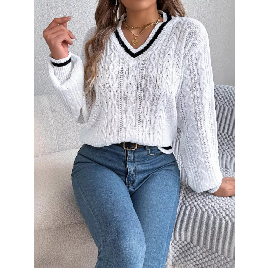 V-Neck Cable Knit Sweater with Striped Trim Apparel and Accessories