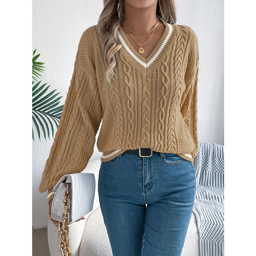 V-Neck Cable Knit Sweater with Striped Trim Khaki / S Apparel and Accessories