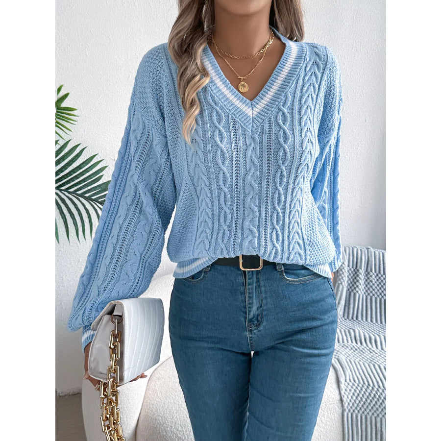 V-Neck Cable Knit Sweater with Striped Trim Light Blue / S Apparel and Accessories