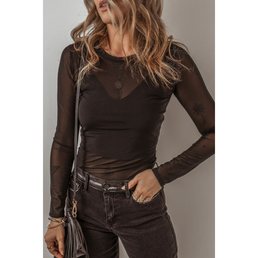 V-Neck Cami and Round Neck Long Sleeve Bodysuit Set Black / S Apparel and Accessories