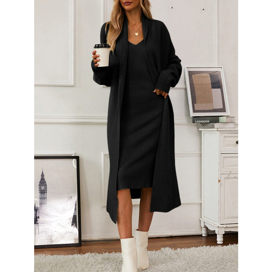 V-Neck Cami Dress and Open Front Cardigan Sweater Set Black / One Size Apparel and Accessories