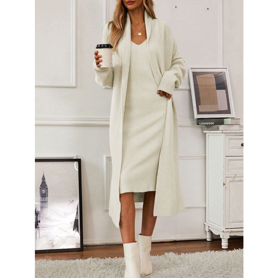 V-Neck Cami Dress and Open Front Cardigan Sweater Set Cream / One Size Apparel and Accessories