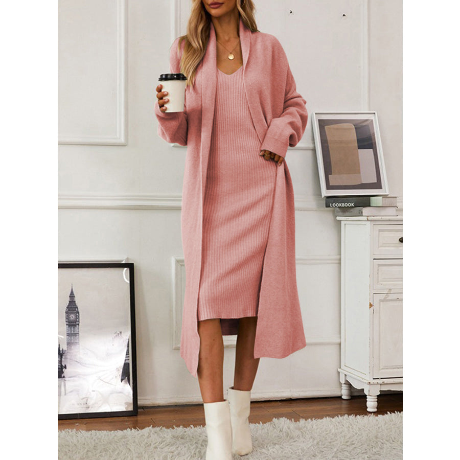 V-Neck Cami Dress and Open Front Cardigan Sweater Set Dusty Pink / One Size Apparel and Accessories