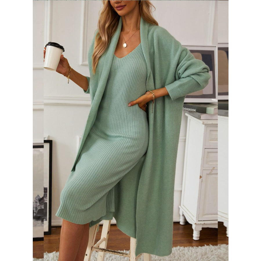 V-Neck Cami Dress and Open Front Cardigan Sweater Set Gum Leaf / One Size Apparel and Accessories