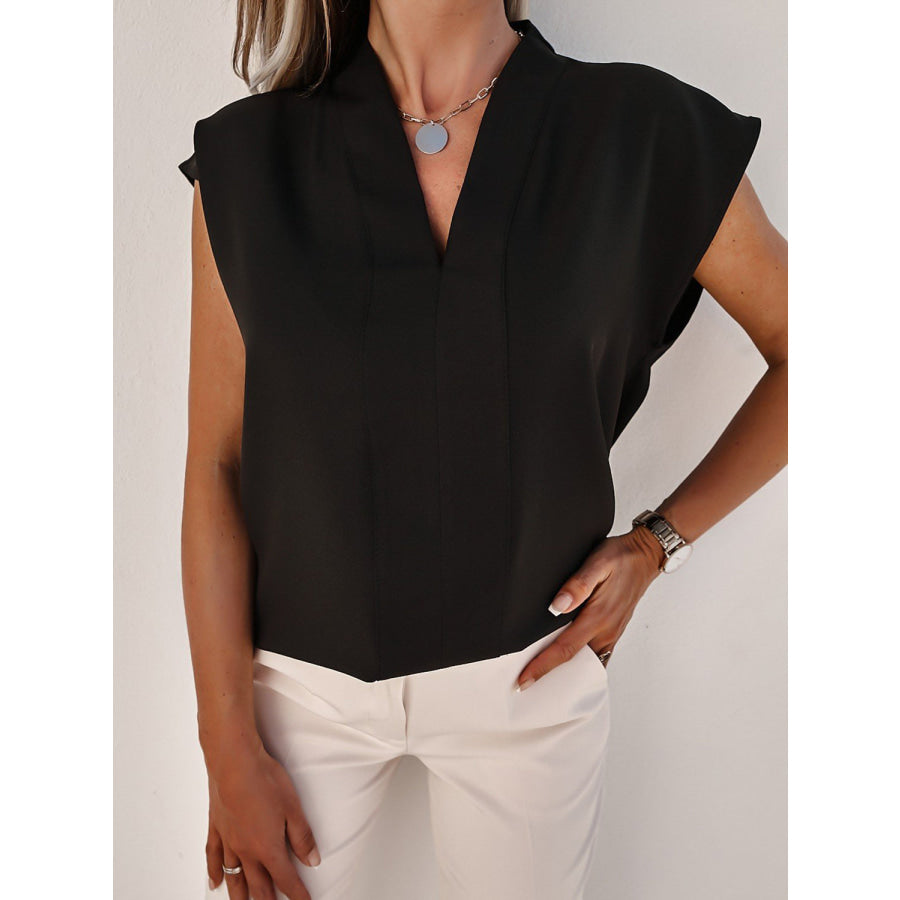 V - Neck Cap Sleeve Blouse Black / S Apparel and Accessories