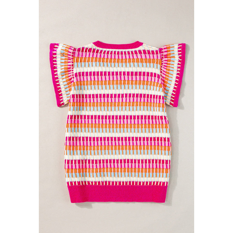 V-Neck Cap Sleeve Knit Top Hot Pink / S Apparel and Accessories