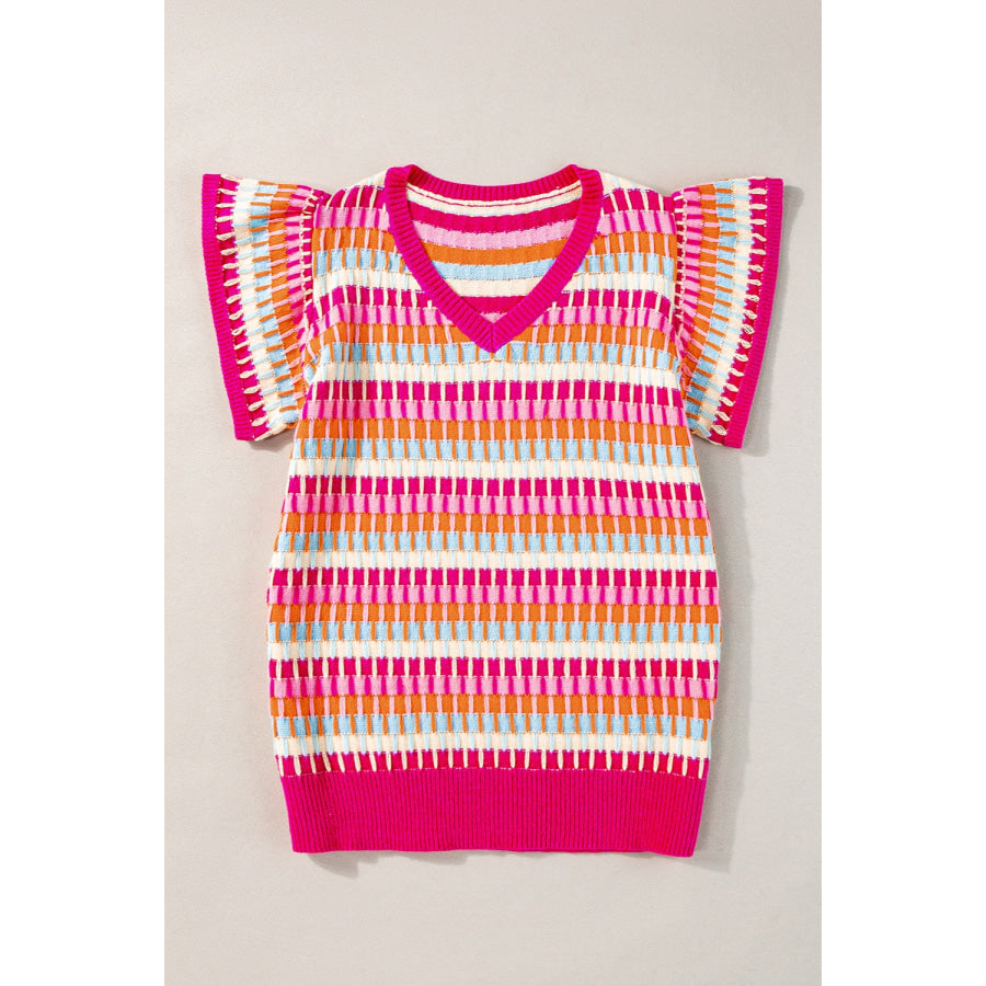 V-Neck Cap Sleeve Knit Top Hot Pink / S Apparel and Accessories