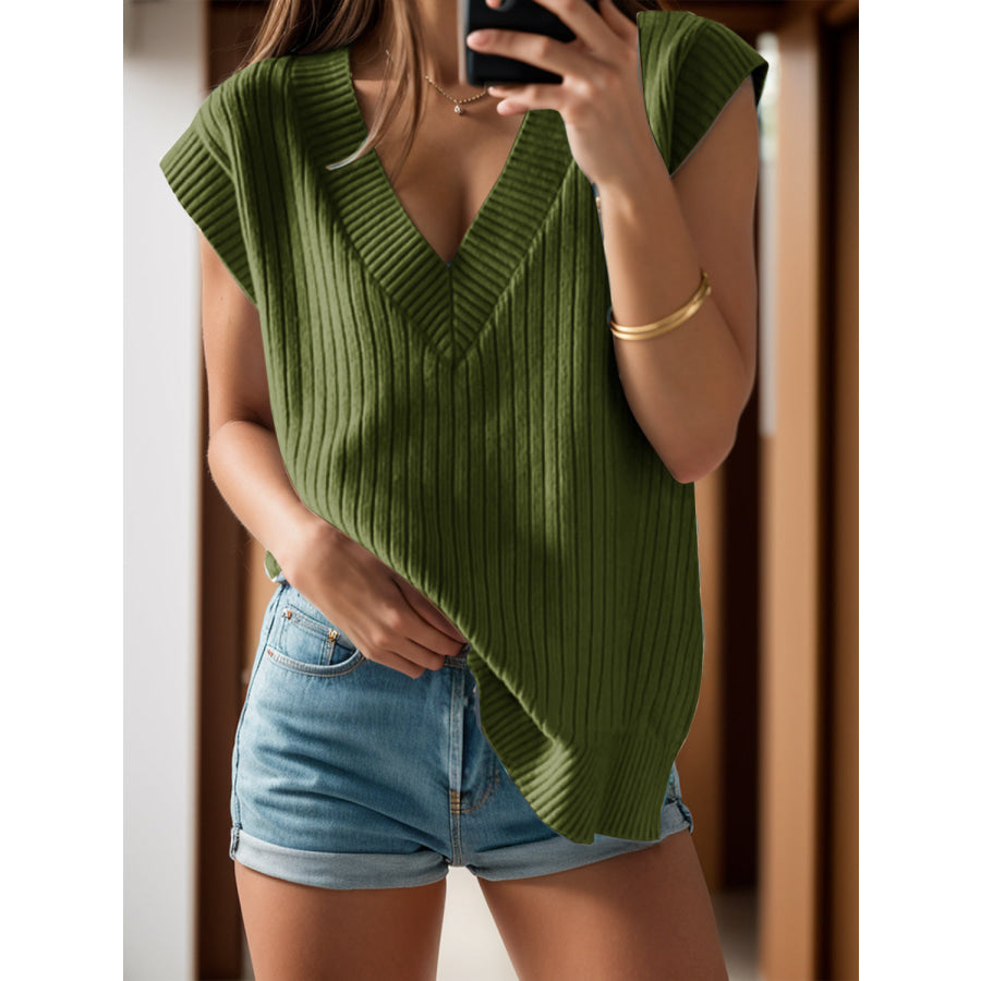 V-Neck Cap Sleeve Knit Vest Army Green / S Apparel and Accessories