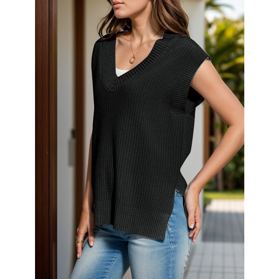 V-Neck Cap Sleeve Knit Vest Black / S Apparel and Accessories