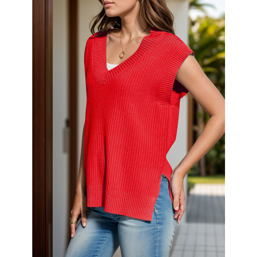 V-Neck Cap Sleeve Knit Vest Deep Red / S Apparel and Accessories