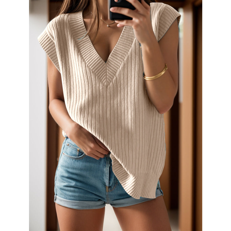 V-Neck Cap Sleeve Knit Vest Dust Storm / S Apparel and Accessories